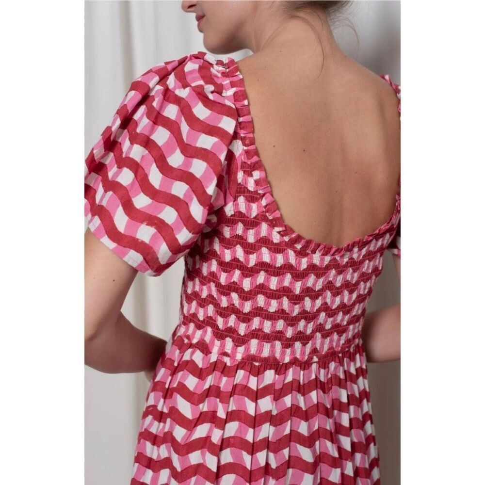 Nwt Ophelia & Indigo Delilah Pink Zigzag Smocked Tiered Cotton Mini Dress Xs — image 3 of 8